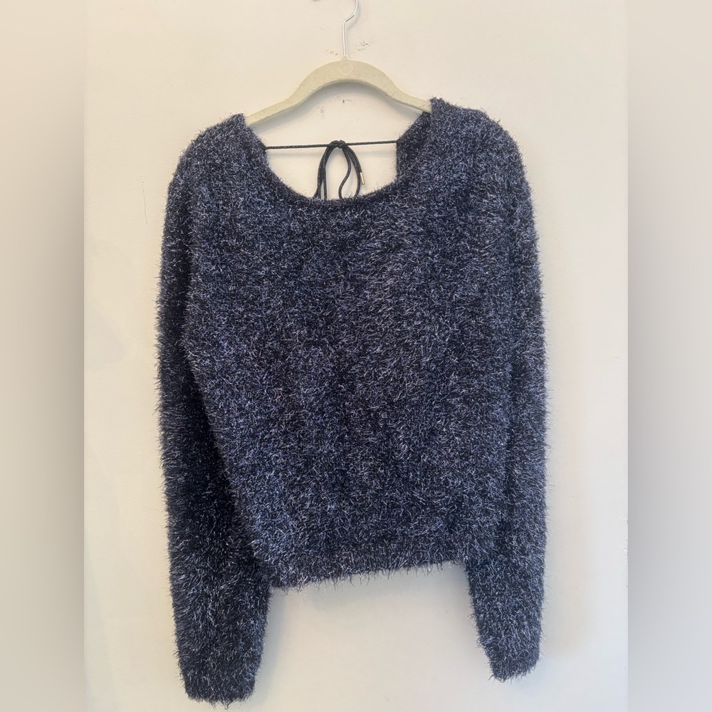 Anthropologie Eyelash Pullover Sweater in navy blue with metallic threading